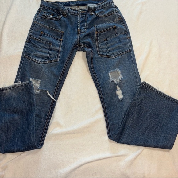 Gun‎ Metal Dark Blue Multi Pocket Straight Leg Jeans Sz32/31 Y2K Button Fly - Picture 2 of 10
